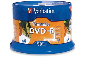 Verbatim 95137 16X 4.7GB White Inkjet Hub Printable DVD-R 50PK Spindle