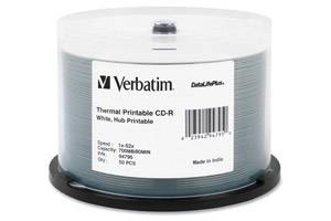 Verbatim 94795 52X 80 min 700MB White Thermal Hub Printable CD-R Media 50PK Spindle