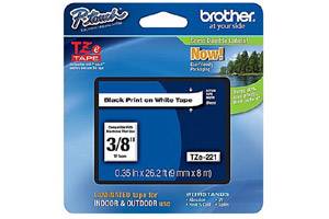 Brother TZE-221 3/8 inch Black on White Tape (9mm x 8m)