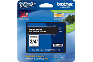 Brother TZE-345 3/4 inch White on Black Tape (18mm x 8m)