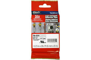 Brother TZE-S211 1/4" Black on White Extra Strength Tape (6mm x 8m)