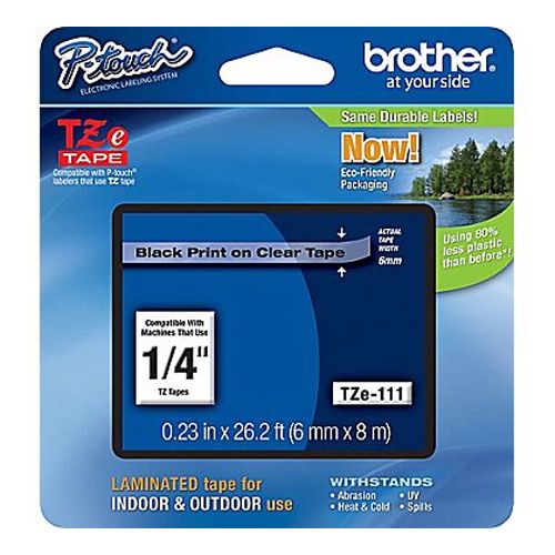 Brother TZE-111 1/4 inch Black on Clear Tape (6mm x 8m)
