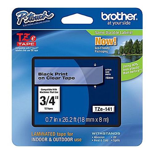 Brother TZE-141 3/4 inch Black on Clear Tape (18mm x 8m)