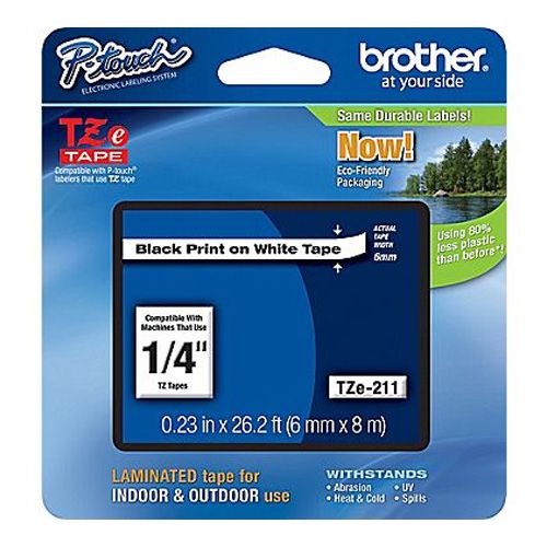 Brother TZE-211 1/4 inch Black on White Tape (6mm x 8m)