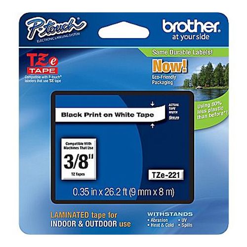 Brother TZE-221 3/8 inch Black on White Tape (9mm x 8m)