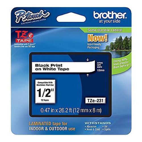 Brother TZE-231 1/2 inch Black on White Tape (12mm x 8m)