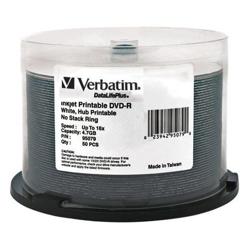 Verbatim 95079 16X 4.7GB DataLife Plus White Inkjet Hub Printable DVD-R 50PK Spindle