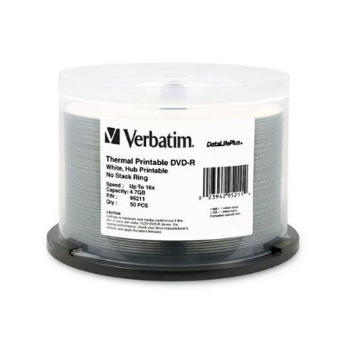 Verbatim 95211 16X 4.7GB White Thermal and Hub Printable DVD-R 50PK Spindle