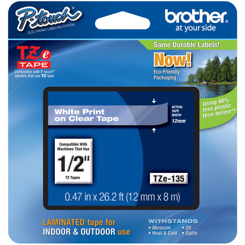 Brother TZE-135 1/4 inch White on Clear Tape (12mm x 8M)