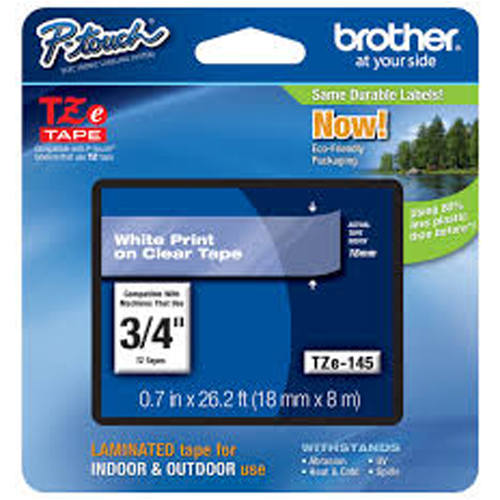 Brother TZE-145 3/4 inch White on Clear Tape (18mm x 8M)