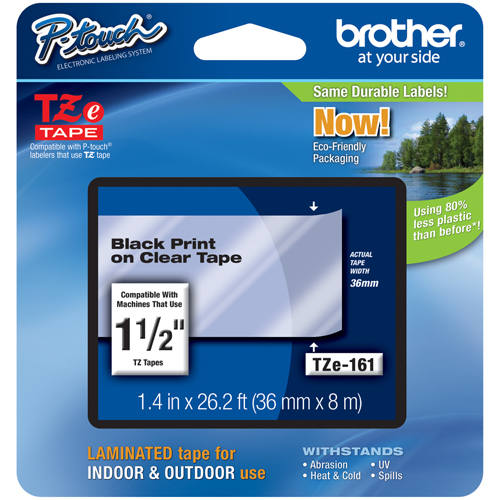 Brother TZE-161 1.5 inch Black on Clear Tape (36mm x 8m)