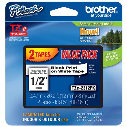 Brother TZE-231 1/2 inch Black on White Tape (12mm x 8m) - 2 Pack