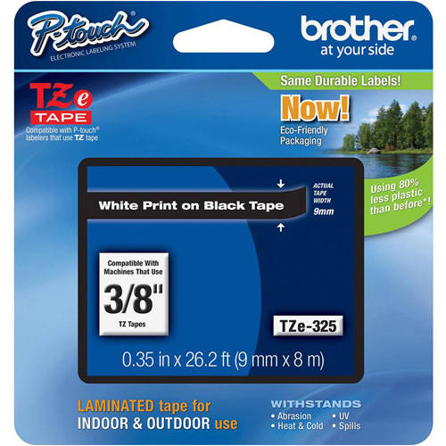 Brother TZE-325 3/8 inch White on Black Tape (9mm x 8m)