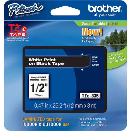 Brother TZE-335 1/2 inch White on Black Tape (12mm x 8m)