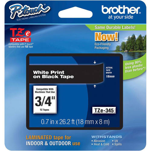Brother TZE-345 3/4 inch White on Black Tape (18mm x 8m)