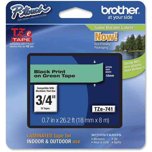 Brother TZE-741 3/4 inch Black on Green Tape (18mm x 8m)