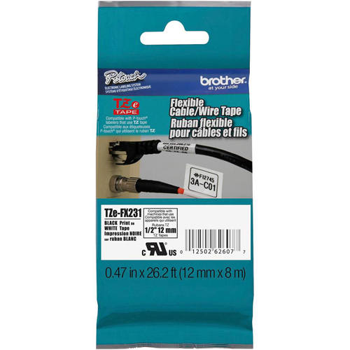 Brother TZE-FX231 1/2 inch Black on White Flexible Tape (12mm x 8m)