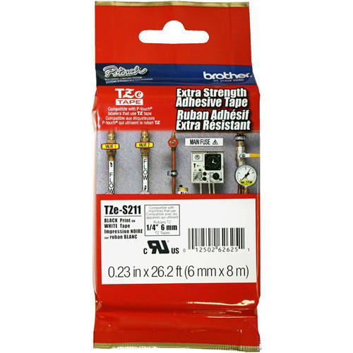 Brother TZE-S211 1/4" Black on White Extra Strength Tape (6mm x 8m)