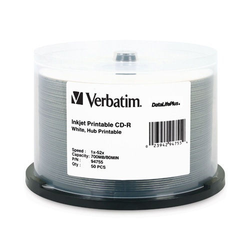 Verbatim 94755 52X 80 min 700MB White Inkjet Hub Printable CD-R Media 50PK Spindle