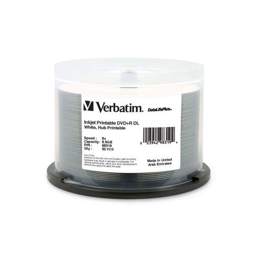 Verbatim 98319 White Hub Inkjet Printable 8X 8.5GB DVD+R Dual Layer 50PK Spindle