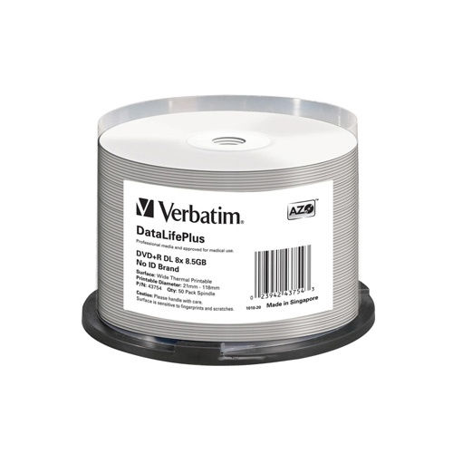 Verbatim 43754 DVD+R DL 8.5GB White Wide Thermal Printable DataLife Plus 50PK