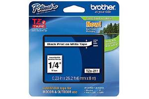 Brother TZE-211 1/4 inch Black on White Tape (6mm x 8m)