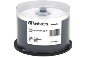 Verbatim 94949 52X 80Min 700MB Thermal Printable White Color CD-R 50PK Spindle