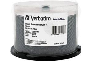 Verbatim 95078 16X 4.7GB DataLife Plus White Inkjet Printable DVD-R 50PK Spindle