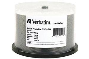 Verbatim 95213 4X 4.7GB DVD+RW White Inkjet Printable 50PK Spindle