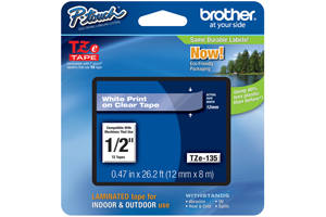 Brother TZE-135 1/4 inch White on Clear Tape (12mm x 8M)
