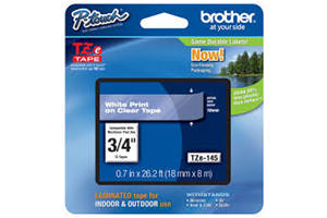 Brother TZE-145 3/4 inch White on Clear Tape (18mm x 8M)