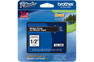 Brother TZE-335 1/2 inch White on Black Tape (12mm x 8m)