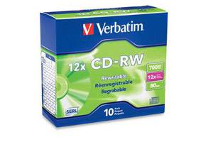 Verbatim 95156 High Speed 12X 80Min 700MB CD-RW 10PK Slim Jewel Case