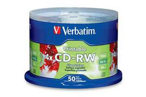 Verbatim 95159 4X 700MB 80min Silver Inkjet Printable CD-RW 50PK Spindle