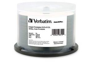 Verbatim 98319 White Hub Inkjet Printable 8X 8.5GB DVD+R Dual Layer 50PK Spindle